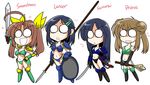  armor asashio_(kantai_collection) bikini_armor kagerou_(kantai_collection) kantai_collection katana kieyza kuroshio_(kantai_collection) long_hair mace michishio_(kantai_collection) midriff multiple_girls navel polearm shield sword twintails weapon 