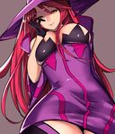  bare_shoulders black_legwear blazblue blazblue:_central_fiction breasts brown_background gloves hat highres konoe_a_mercury large_breasts light_smile long_hair looking_at_viewer pino_(hetare1023) red_hair simple_background solo thighhighs witch_hat yellow_eyes zettai_ryouiki 