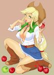  apple applejack blonde_hair boots breasts cleavage eating food freckles fruit gradient gradient_background green_eyes highres kamitsuki_manmaru kneeling large_breasts long_hair low-tied_long_hair my_little_pony my_little_pony_equestria_girls my_little_pony_friendship_is_magic open_mouth personification saliva sexually_suggestive skirt solo very_long_hair 