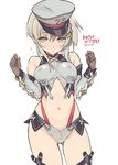  bare_shoulders blade_(galaxist) borrowed_character breasts cosplay covered_nipples elbow_gloves gloves grey_hair hat medium_breasts midriff navel original peaked_cap ring_dream schwarz_nebel schwarz_nebel_(cosplay) solo suspenders 