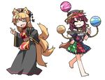  :d =_= animal_ears barefoot black_dress blonde_hair chain closed_eyes clothes_writing collar cuffs dog_ears dog_tail dress earth fox_ears fox_tail full_body grin hair_ornament hat hecatia_lapislazuli hemogurobin_a1c junko_(touhou) kemonomimi_mode long_hair long_sleeves moon multicolored multicolored_clothes multicolored_skirt multiple_girls multiple_tails open_mouth polos_crown red_hair sash shackles shirt skirt smile tabard tail touhou transparent_background very_long_hair wide_sleeves 