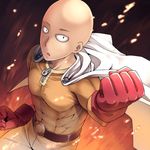  :o abs bald belt black_eyes cape clenched_hand embers fire foreshortening gloves hoshiyoruno male_focus one-punch_man saitama_(one-punch_man) skin_tight solo 