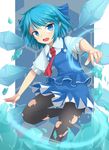  adapted_costume black_legwear blue_dress blue_eyes blue_hair bow cirno dress fang hair_bow ice ice_wings looking_at_viewer necktie open_mouth pantyhose shirt short_hair smile solo torn_clothes torn_legwear touhou uumaru wings 