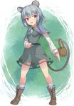  animal_ears basket boots capelet dress gem grey_dress grey_hair highres jewelry long_sleeves looking_at_viewer mouse_ears mouse_tail nazrin open_mouth pendant pink_eyes shirt smile solo tail touhou uumaru 