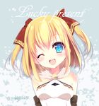  ;d blonde_hair blue_eyes character_request detached_sleeves long_hair one_eye_closed open_mouth ribbon smile solo toki_ai twintails twitter_username two_side_up upper_body 