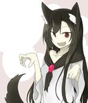  animal_ears breasts brooch brown_hair dress fang imaizumi_kagerou jewelry long_hair long_sleeves looking_at_viewer open_mouth paw_pose red_eyes small_breasts smile solo tail touhou tyouseki wide_sleeves wolf_ears wolf_tail 