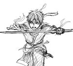  arc_(arc_the_lad) arc_the_lad greyscale male_focus monochrome solo sword weapon 