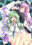  :d animal_ears aqua_eyes arm_ribbon armpits arms_up ass barefoot blazer blush bottomless breasts bunny_ears cleavage cover cover_page detached_sleeves frog_hair_ornament green_hair hair_ornament ichikawa_ryuunosuke jacket kochiya_sanae large_breasts long_hair long_sleeves multiple_girls naked_shirt navel open_blazer open_clothes open_jacket open_mouth open_skirt pink_eyes pink_hair reisen_udongein_inaba ribbon shirt skirt skirt_pull smile snake_hair_ornament touhou very_long_hair wavy_mouth wide_sleeves 