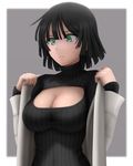  black_hair blush breasts cleavage cleavage_cutout fubuki_(one-punch_man) green_eyes highres jacket large_breasts meme_attire one-punch_man open-chest_sweater open_clothes open_jacket ribbed_sweater short_hair simple_background siraha solo sweatdrop sweater turtleneck 