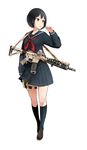  absurdres ar-15 assault_rifle black_hair black_serafuku candy eotech food gun highres holster kneehighs leewh1515 lollipop magpul original red_eyes rifle school_uniform serafuku short_hair simple_background sling solo thigh_holster weapon white_background 