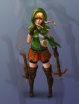  1girl blonde_hair blue_eyes boots bow_(weapon) braid brown_boots crossbow dual_wielding gloves highres leather leather_boots leather_gloves linkle pointy_ears presteasy sidelocks solo the_legend_of_zelda thigh_boots thighhighs twin_braids weapon zelda_musou zettai_ryouiki 