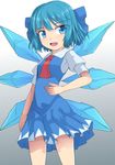  ascot blue_dress blue_eyes blue_hair bow cirno dress fang hair_bow ice ice_wings looking_at_viewer open_mouth puffy_short_sleeves puffy_sleeves shirt short_hair short_sleeves smile solo touhou uumaru wings 