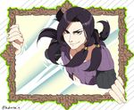  black_hair closed_mouth frame hair_ornament hex_tails hokuto_shun illuso jojo_no_kimyou_na_bouken looking_at_viewer male_focus mirror purple_eyes purple_hair smirk solo through_screen twitter_username upper_body v-shaped_eyebrows white_background 