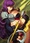  abs arrow bow_(weapon) breasts indivisible koi_drake large_breasts muscle muscular_female phoebe_(indivisible) purple_hair red_eyes scar smile solo weapon 