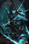  blue_skin citemer glowing glowing_eyes kalista league_of_legends long_hair polearm solo_focus spear weapon 