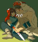  1girl ashitaka bad_id bad_twitter_id brown_hair facial_mark genderswap genderswap_(ftm) genderswap_(mtf) indian_style knife looking_at_another mononoke_hime muscle pelt san shirtless short_hair sitting sitting_on_lap sitting_on_person smile 