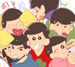  ;3 black_hair brothers cat cellphone chokota closed_eyes copyright_name crayon_shin-chan eyewear_removed heart heart_in_mouth hood hoodie male_focus matsuno_choromatsu matsuno_ichimatsu matsuno_juushimatsu matsuno_karamatsu matsuno_osomatsu matsuno_todomatsu multiple_boys one_eye_closed osomatsu-kun osomatsu-san parody phone self_shot sextuplets siblings sleeves_past_wrists smartphone smile style_parody sunglasses 