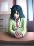  bad_id bad_pixiv_id bags_under_eyes black_hair blazer cellphone desk gohpot green_eyes hair_over_one_eye highres holding jacket kuroki_tomoko light long_sleeves necktie phone realistic school_uniform signature smile solo upper_body watashi_ga_motenai_no_wa_dou_kangaetemo_omaera_ga_warui! watermark web_address window 