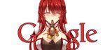  blush breasts cleavage closed_eyes elesis_(elsword) elsword facing_viewer food google google_doodles grand_master_(elsword) large_breasts long_hair pocky red_hair solo text_focus transparent_background 