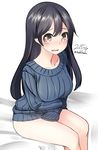  bad_id bad_pixiv_id black_hair blush brown_eyes dated kantai_collection long_hair naked_sweater nekobaka ribbed_sweater signature solo sweater tears twitter_username ushio_(kantai_collection) wavy_mouth 