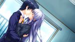  1girl akiyama_sou black_hair closed_eyes furukawa_yui game_cg hetero indoors kiss long_hair silver_hair ushinawareta_mirai_wo_motomete 