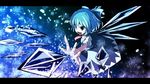 blue_eyes blue_hair bow cirno danmaku dress_shirt hair_bow ice ice_wings letterboxed mankun open_mouth outstretched_arm ribbon shirt short_hair snowflakes solo touhou wings 