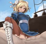  1girl blonde_hair blue_dress blush boots brown_eyes brown_legwear bun_cover censored china_dress chinese_clothes chun-li chun-li_(cosplay) cosplay cross-laced_footwear djeeta_(granblue_fantasy) double_bun dress girl_on_top granblue_fantasy hetero kasuka pantyhose pelvic_curtain penis puffy_short_sleeves puffy_sleeves saliva sash sex short_hair short_sleeves side_slit solo_focus street_fighter tears textless torn_clothes torn_legwear vaginal white_footwear 