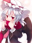  alternate_costume bat_wings beni_shake blue_hair blush bow hat hat_ribbon juliet_sleeves long_sleeves looking_at_viewer mob_cap necktie puffy_sleeves red_bow red_eyes red_ribbon remilia_scarlet ribbon scarf scarf_over_mouth school_uniform short_hair silver_hair solo touhou wings 