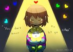  androgynous blush brown_hair closed_eyes crying english eyes_closed flower flowey_(undertale) frisk_(undertale) glowing heart holding holding_flower hug hug_from_behind looking_up owlyjules parted_lips short_hair spoilers spotlight striped striped_sweater sweater tears undertale watermark web_address 