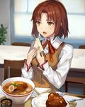  bowl brown_hair chair curry curry_rice fate/stay_night fate_(series) food homurahara_academy_uniform mitsuzuri_ayako momoko_(momopoco) noodles open_mouth ramen rice sandwich school_uniform short_hair sitting solo spoon table upper_body vest 