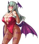  adjusting_clothes alternate_color animal_print bangs bare_shoulders bat_print bat_wings blush breasts bridal_gauntlets brown_legwear bursting_breasts cleavage colored_eyelashes cosplay covered_navel cowboy_shot demon_girl feathers from_side grey_hair groin hair_between_eyes head_wings highleg highleg_leotard hip_vent large_breasts leotard light_smile lipstick long_hair looking_at_viewer low_wings makeup morrigan_aensland morrigan_aensland_(cosplay) older pantyhose print_legwear purple_wings red_eyes red_leotard rozen_maiden shiny shiny_clothes shiny_skin simple_background skindentation smile solo strapless strapless_leotard succubus suigintou thighs tsuda_nanafushi underboob_cutout vampire_(game) white_background wings 