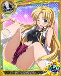  ahoge asia_argento bishop_(chess) blonde_hair card_(medium) character_name chess_piece green_eyes high_school_dxd long_hair looking_at_viewer navel official_art one_eye_closed open_mouth skirt solo torn_clothes torn_skirt trading_card white_legwear wince 