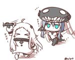  &gt;_&lt; ahoge aircraft airplane aqua_eyes cape chibi closed_eyes covered_mouth dress enemy_aircraft_(kantai_collection) headgear holding horns kantai_collection long_hair mittens multiple_girls northern_ocean_hime rexlent running shinkaisei-kan silver_hair sweat translated white_dress white_hair white_skin wo-class_aircraft_carrier 