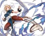  absurdres azuki_(azuki-taste) blonde_hair bun_cover china_dress chinese_clothes chun-li chun-li_(cosplay) cosplay djeeta_(granblue_fantasy) double_bun dress eyeshadow granblue_fantasy highres kicking makeup pantyhose pelvic_curtain short_hair solo street_fighter 