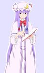  book capelet coat crescent dress hair_ribbon hat highres long_hair long_sleeves mob_cap open_clothes open_coat patchouli_knowledge poronegi purple_dress purple_eyes purple_hair ribbon solo striped striped_dress touhou tress_ribbon very_long_hair wide_sleeves 