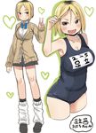  alexa_mahone blonde_hair blush breasts brown_eyes cardigan large_breasts loafers loose_socks multiple_views one-piece_swimsuit original roots school_swimsuit school_uniform shoes short_hair skirt socks swimsuit v 