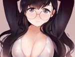  arms_up bad_id bad_pixiv_id black_eyes black_hair blush breasts cleavage collarbone glasses large_breasts lips looking_at_viewer mery_(apfl0515) original simple_background solo tears upper_body 