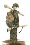  absurdres backpack bad_deviantart_id bad_id bag bolt_action camouflage camouflage_hat gun helmet highres holding holding_gun holding_weapon hood hood_down loafers mauser_98 military military_uniform millimeter original panzerfaust ponytail rifle shoes short_hair simple_background solo standing uniform weapon white_background 