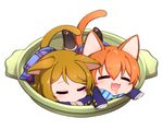  :3 animal_ears bangs black_legwear blazer blonde_hair blush bow bowtie cat_ears cat_tail chibi closed_eyes drooling eyebrows eyebrows_visible_through_hair hair_between_eyes hoshizora_rin in_container jacket kemonomimi_mode kneehighs koizumi_hanayo long_sleeves love_live! love_live!_school_idol_project lying multiple_girls neko_nabe ng_(kimjae737) on_stomach open_mouth orange_hair otonokizaka_school_uniform paw_print plaid plaid_skirt saliva school_uniform short_hair simple_background skirt sleeping smile striped striped_bow striped_neckwear swept_bangs tail white_background 