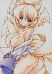  animal_ears ass blonde_hair blush bottomless breasts fox_ears fox_tail huge_breasts looking_at_viewer marker_(medium) multiple_tails nipples no_nose off_shoulder short_hair slit_pupils smile solo tail topless touhou traditional_media yakumo_ran yutakasan-love 