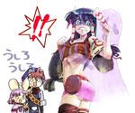  &gt;:) 1girl breast_grab breasts feena_(grandia) ghost grabbing grandia grandia_i green_eyes green_hair hair_ornament hair_tubes imui jewelry justin_(grandia) layered_sleeves long_hair low-tied_long_hair medium_breasts midriff necklace puui_(grandia) smile sue_(grandia) v-shaped_eyebrows wide_sleeves 