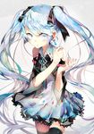  :&lt; blue_eyes blue_hair earrings hair_ribbon hatsune_miku jewelry long_hair nail_polish ribbon rooseputo_02 solo thighhighs twintails very_long_hair vocaloid 