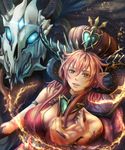  armlet blue_eyes blurry breasts brown_eyes cleavage crown demon_girl demon_wings depth_of_field fingernails highres horns large_breasts long_fingernails long_hair outstretched_arm parted_lips pointy_ears puzzle_&amp;_dragons red_hair scarlet_(p&amp;d) sho_(shoichi-kokubun) skull solo third_eye wings 