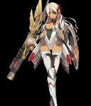  black_background black_gloves breasts cleavage energy_gun eyepatch facial_mark forehead_mark gloves laser_rifle long_hair solo standing tan torn_clothes weapon white_hair 