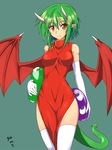 china_dress chinese_clothes draco_centauros dragon_girl dragon_horns dragon_tail dragon_wings dress elbow_gloves gloves green_hair highres horns nishiumi_yuuta pointy_ears puyopuyo red_wings short_hair solo tail thighhighs wings yellow_eyes 