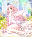  ahoge anklet arm_support artist_name bad_id bad_pixiv_id bare_back bare_shoulders barefoot barefoot_sandals dress feathered_wings jellybear jewelry long_hair orange_eyes original pink_hair signature sitting smile solo very_long_hair watermark wavy_hair wavy_mouth web_address wings 