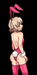  animal_ears ass atra_mixta bad_id bad_pixiv_id bare_shoulders black_background blush bunny_ears bunny_tail bunnysuit detached_collar from_behind geshi_jun grey_hair gundam gundam_tekketsu_no_orphans open_mouth pink_legwear red_eyes short_hair simple_background solo tail thighhighs wrist_cuffs 