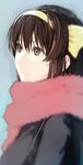  bangs brown_eyes brown_hair coat hair_ribbon highres light_smile puyo ribbon scarf solo suzumiya_haruhi suzumiya_haruhi_no_shoushitsu suzumiya_haruhi_no_yuuutsu traditional_media 