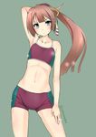  8000 arm_behind_back arm_up armpits bike_shorts brown_hair collarbone frown green_background hair_ornament hair_ribbon hand_on_leg kantai_collection kazagumo_(kantai_collection) long_hair looking_at_viewer navel ponytail pose ribbon silver_eyes simple_background solo sports_bra standing tank_top twitter_username 
