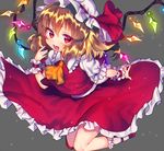  ascot bad_id bad_pixiv_id blonde_hair blush bobby_socks flandre_scarlet hat looking_at_viewer nagao_(cat610) open_mouth red_eyes short_hair short_sleeves simple_background skirt skirt_set smile socks solo touhou vest white_legwear wings wrist_cuffs 